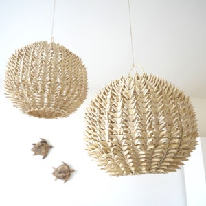Palm leaf round hanging lampshade, boho lighting, Ibiza style, handmade, Bali, Indonesia, garden, porch, gift, ceiling, folded