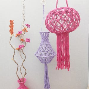 Boho macramé hanging lantern, colorful glass candle holder, purple & pink yarn decor, bohemian lighting, festival or balcony mood light