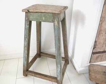 Large old stool from India, weathered paint, green, blue, side table, plant riser, handmade, vintage, boho, brocante