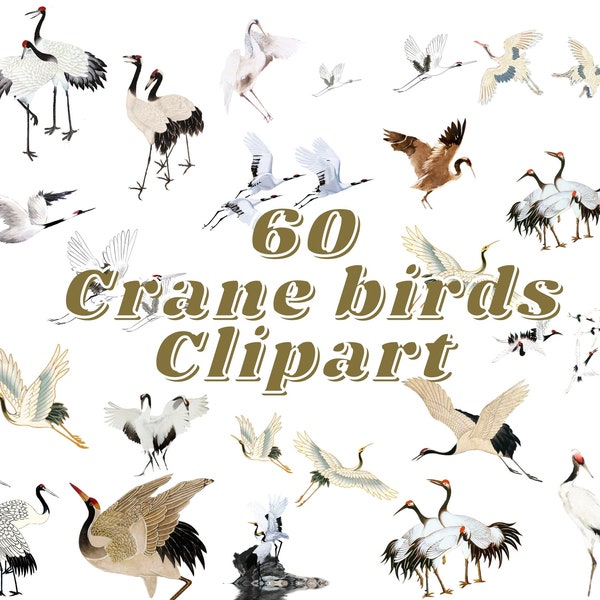 Crane Birds Asian Painting Elements,  Crane Birds Asian Painting Overlays, Crane Birds Asian Painting Clipart, Digital Paper