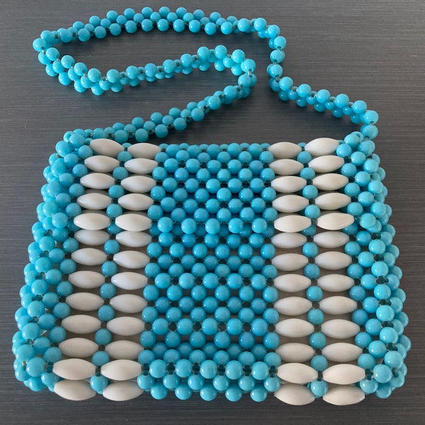 1960s White and Turquoise Beaded Shoulder Bag.