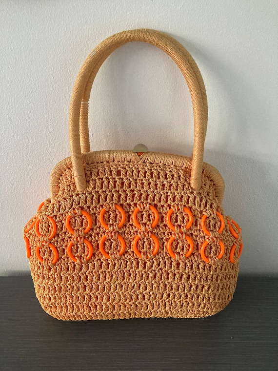 1960s Italian Orange Crochet Raffia Handbag Gem