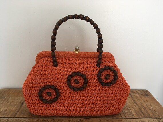 1960s Vintage Orange and Brown Raffia Bag