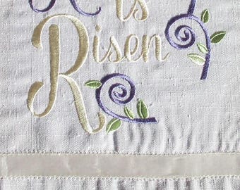 Embroidered "He is Risen" Tea Towel - Handmade Easter Decor