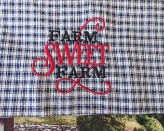 Handcrafted Embroidered Cotton Tea Towel: Farm Sweet Farm Plaid Kitchen Linen