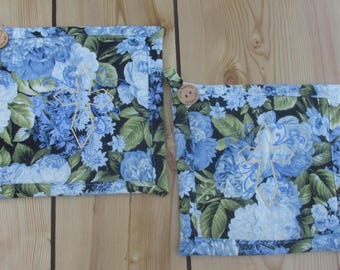 Embroidered Cross Potholder Set: Blue Floral Quilted Trivets