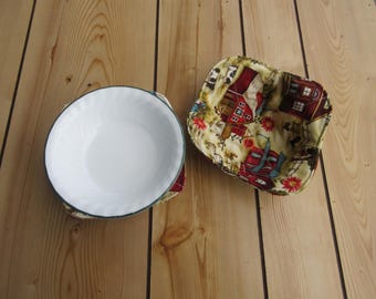 Handmade red barn Bowl Cozy, Reversible Microwave cozies,soup bowl hot pads