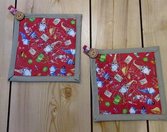 Handmade Quilted garden gnome Potholders: Gnome hot pads  (Set of 2)