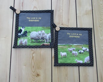 Religious Quilted Potholders – you are my shepherd (Set of 2)-embroidered with sheep fabric