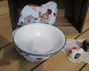 Handmade Reversible Cotton Bowl Cozy, Microwave Safe, Farmhouse Kitchen Holder