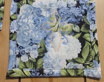 Embroidered Cross Potholder Set: Blue Floral Quilted Hot Pads, Farmhouse Kitchen Linens