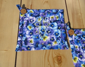 Handmade Faith Religious Potholder Set: Handcrafted  quilted potholders, purple blue pansy flower potholders