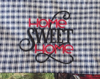 Handmade Embroidered Tea Towel: Farmhouse Navy Tan Cotton Kitchen Linen