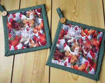 Handmade Quilted Rooster Potholders: Chicken hot pads  (Set of 2)