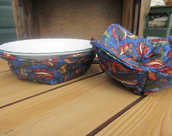 Handmade blue fall Bowl Cozy, Reversible Microwave cozies,soup dish hot pad,trivets