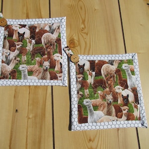 May include: Two square fabric pot holders featuring a repeating print of alpacas in various colors on a green grassy background. Each pot holder has a white border with a grey honeycomb pattern and a small wooden button attached to a fabric loop.