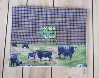 Handmade Embroidered Cotton Tea Towel: Ranch Sweet Ranch Cattle Farmhouse Kitchen Linens