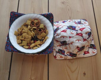 handmade snowman bowl cozy, reversible cozy