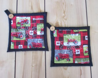 Handcrafted Farmall Potholders, Quilted farm tractor Cotton Hot Pads (Set)
