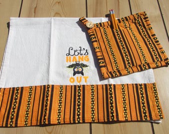 Handmade Halloween kitchen decor: Embroider Orange/Black spooky Bat tea towels-Matching embroidery bat sets