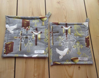 Religious Cross embroidered Potholders–Handmade Church hot pads, Bible & Dove kitchen decor