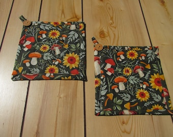 Handmade Sunflower Mushroom Potholders (Set of 2): Quilted Cotton Kitchen Linens