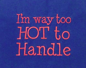 Handmade funny saying Potholder Set: Quilted handmade embroidered Trivets,Dark blue hot pads