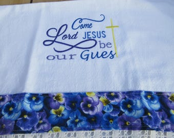 Embroidered Kitchen Tea Towel: Lords Prayer, Pansy Trim
