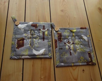 Religious Embroidered Potholders–Handmade WHITE DOVE hotpads-rugged cross potholders-Religious kitchen items handmade