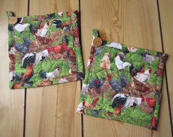 Handmade Quilted Rooster Potholders: Farmhouse Kitchen Decor (Set of 2)
