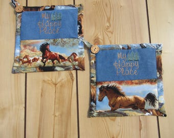 Handmade Wild Horse Potholder Set: Quilted HANDCRAFTED DEMIN Cowgirl hot pads
