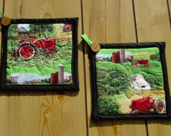 Handmade Farmall tractor Potholder: Red Tractor Kitchen Decor