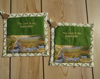 Biblical Potholder-Scripture potholder-Jesus Potholder-Bible verse hot-pad-The lord is my shepherd Handmade potholders-religious kitchen