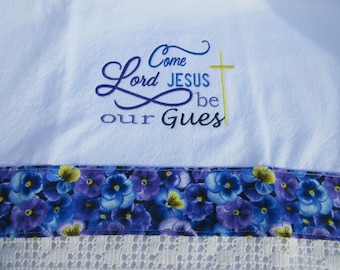 Embroidered Lord's Prayer Tea Towel: Vintage Trim, Pansy Kitchen Decor
