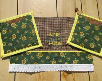 Handcrafted Sunflower Pot Holder Set: Embroidered Home Sweet Home Kitchen Towel (3pc)