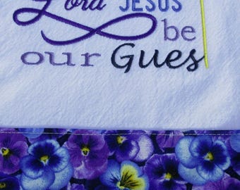 Embroidered Lords Prayer Tea Towel: Vintage Trim, pansy Fabric Kitchen Towel