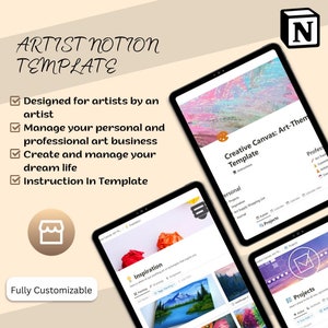 Könnte beinhalten: Ein Screenshot einer Notion-Vorlage, die für Künstler entwickelt wurde. Die Vorlage enthält Abschnitte für Inspiration, Projekte und persönliche Informationen. Die Vorlage ist vollständig anpassbar und enthält Anweisungen. Die Vorlage soll Künstlern helfen, ihr persönliches und professionelles Kunstgeschäft zu verwalten und ihr Traumleben zu gestalten.