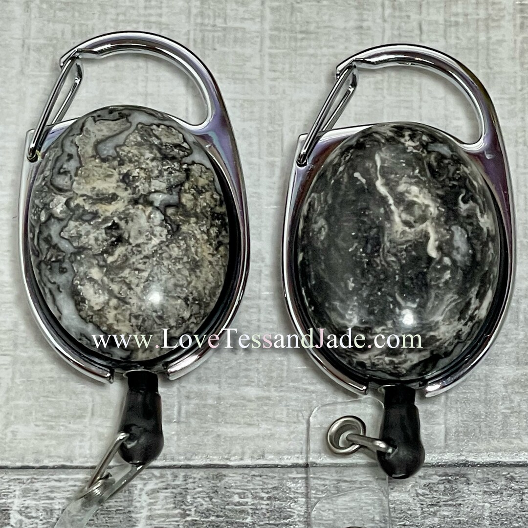 Black Silk Stone | Onyx | Marble | Badge | Carabiner | Clip | Reel | Gemstone | Manifesting | Doctors | Nurses | Professional