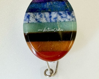 Gemstone | 7 Chakra | Worry Stone | Badge | Rotating Clip | Reel | Manifesting | Doctors | Nurses | Professional | Teachers