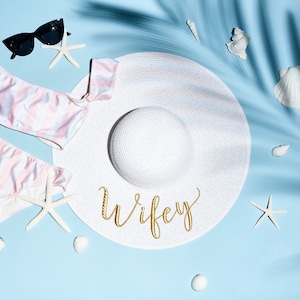 Wifey Embroidered Sun Hat - Bridal Shower Gift, Honeymoon Gift, Bachelorette Party Gift, Bachelorette Hats, Straw Beach Hat, Floppy Hat