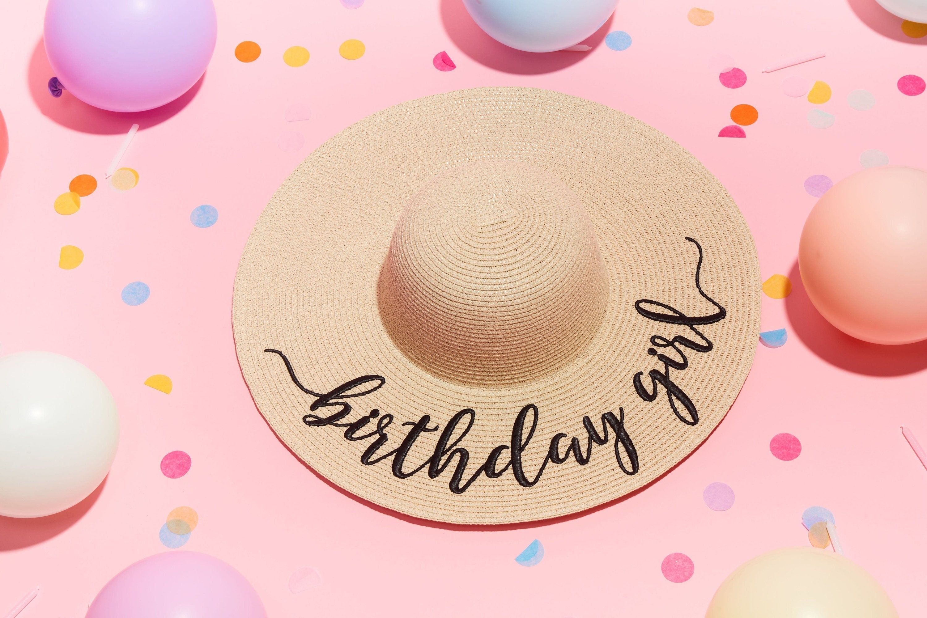 Birthday Girl Embroidered Straw Sun Hat - Wide Brim Floppy Beach Hat