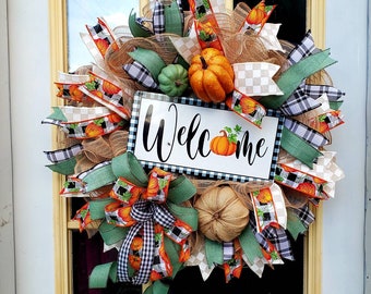 Welcome Autumn Front Door Wreath, Buffalo Plaid Porch Decor, Orange Pumpkin Patch Fall Outdoor Gathering Decoration. Welcome Fall Wreath