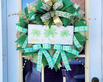 Happy St. Patrick's Day Wreath, Four Leaf Clover Front Door Wreath, St Paddy's Day Home Decor, Irish Storm Door Wreath, Shamrock Decoration