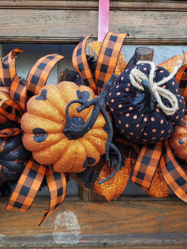 Halloween Orange Table Centerpiece, October 31st Pumpkin Indoor Garland, Trick or Treat Mantel Party Decoration, Whimsical Window Swag Decor image 7