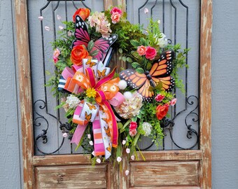 Monarch Butterfly Front Door Wreath, Summer Welcome Floral Porch Decor, Mother's Day Gift, Pink Orange Butterfly Wall Art, Everyday Wreath