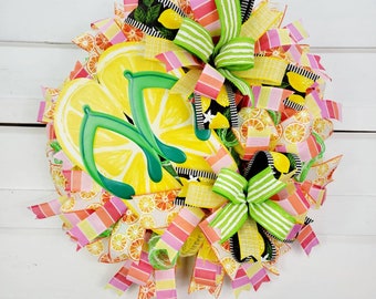 Lemon Flip Flop Wreath, Summer Pool Party Decoration, Lemon Door Hanger, Summertime Front Door Lemon Wreath, Everyday Summer Kitchen Decor