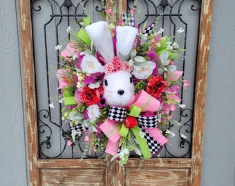 Easter Wreath for Front Door, Elegant Harlequin Spring Bunny Swag, White Rabbit Easter Door Decor, Floral Porch Decor, Boujee Bunny Wreath