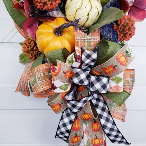 Fall Pumpkin Swag for shops Front Door, Outdoor Harvest Autumn Peony Wreath Porch Decor, Farmhouse Buffalo Plaid Decoration, Thanksgiving Gather