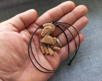 Wooden handmade carved pendant horse with movable hooves. Wooden hand carved  pendant necklace. Pendant wooden horse. Birthday gift for her