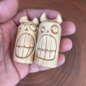 Wood carved troll figurines Funny horned creatures Scandinavian folklore decor Primitive Nordic monster gift